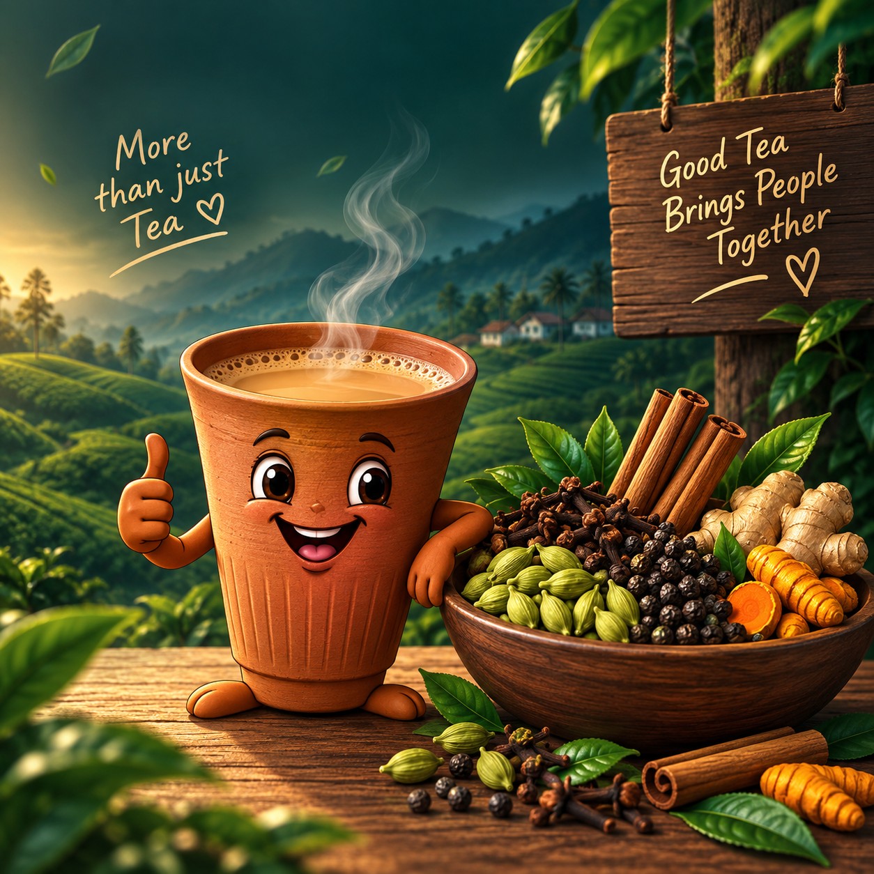 The Wayomile chai cup mascot giving a thumbs up beside a bowl of whole Indian spices